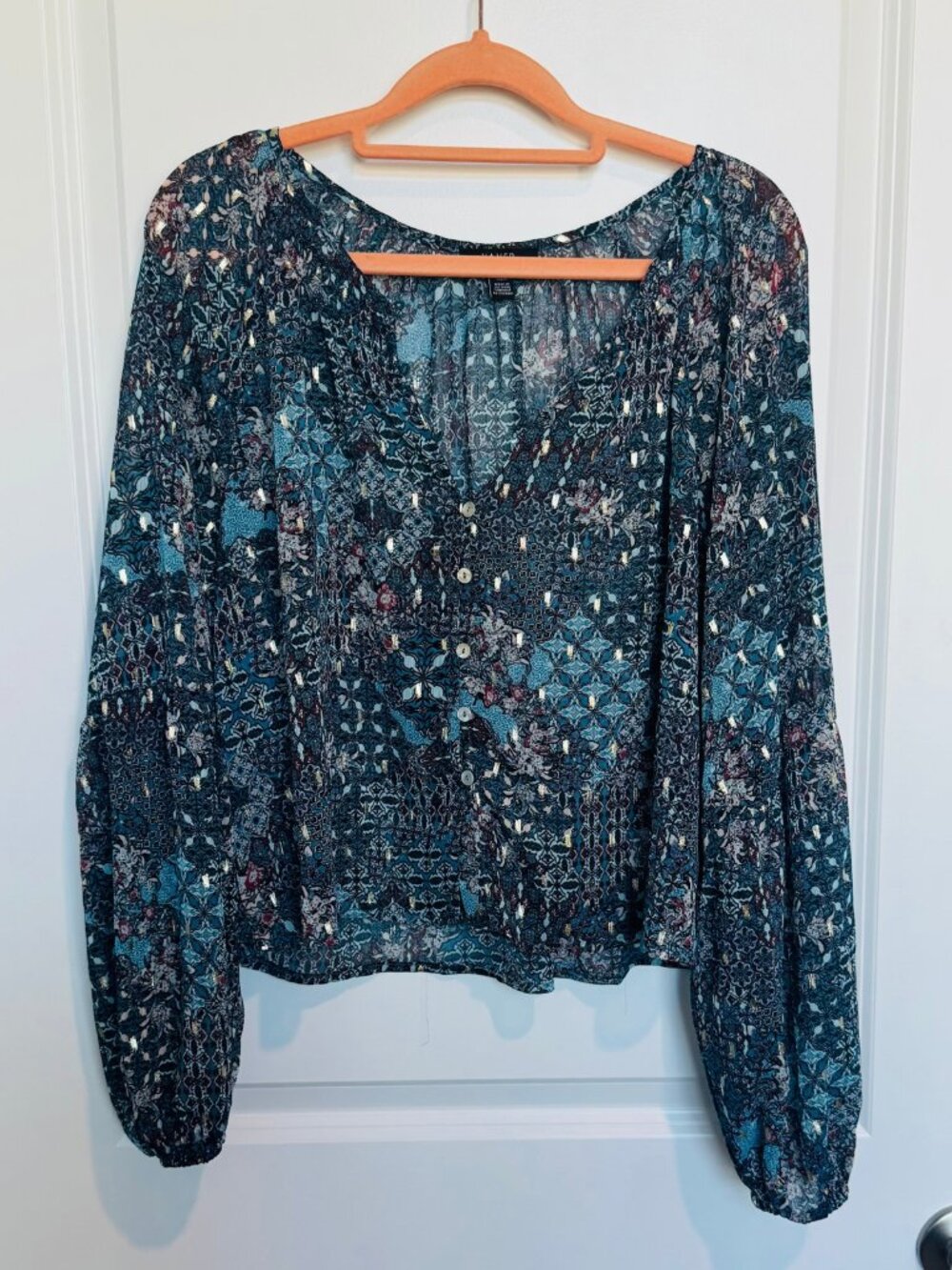 Haver London Blue Mosaic Print Sheer Long Sleeve Boho Blouse Size M